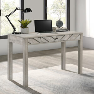 Modern writing desk with chevron drawer design and light wood finish
