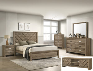 Valor B9332 light brown bedroom set with chevron headboard, dresser with mirror, chest, and nightstand.