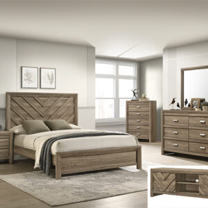 Valor B9332 light brown bedroom set with chevron headboard, dresser with mirror, chest, and nightstand.