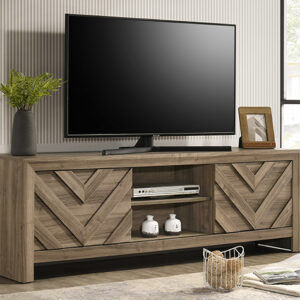 B9332-9 Valor light brown TV stand with chevron wood doors and center media shelving in rustic farmhouse living room