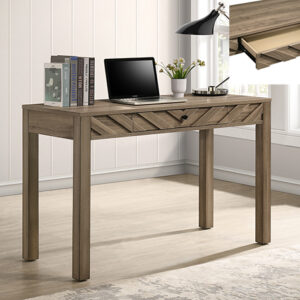 Light brown writing desk with chevron drawer front and modern design