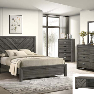 Valor B9335 grey bedroom set with chevron headboard, dresser with mirror, chest, and nightstand.