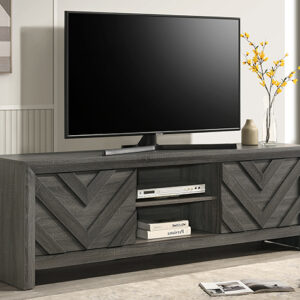 B9335-9 Valor gray TV stand with chevron wood doors and center media shelving in modern rustic living room