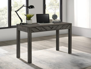 Grey writing desk with chevron drawer front and modern minimalist design