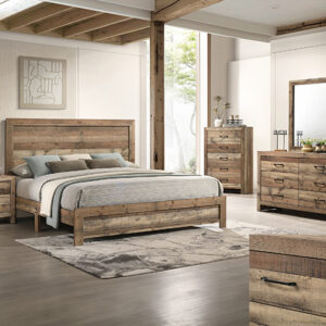 Elmer B9340 rustic bedroom set with reclaimed wood finish, dresser with mirror, chest, and nightstand.