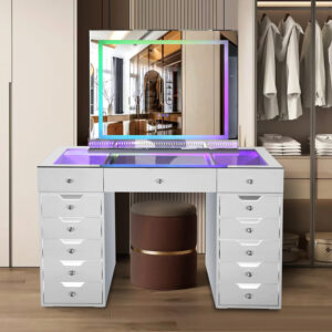 White LED makeup vanity desk with illuminated mirror and multiple storage drawers