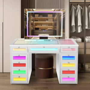 White Hollywood vanity desk with lighted mirror and multiple storage drawers