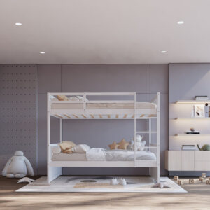 White twin over twin bunk bed with built-in ladder in modern kids bedroom