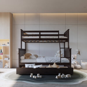 Twin over full bunk bed in espresso finish with pull-out twin trundle in kids bedroom