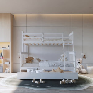 White twin over full bunk bed with pull-out twin trundle in modern kids bedroom