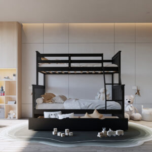Black twin over full bunk bed with pull-out twin trundle in modern kids bedroom