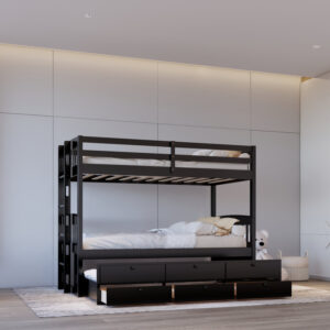 Black twin over twin bunk bed with pull-out trundle and built-in storage drawers