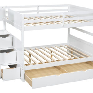 White full over full bunk bed with built-in staircase storage and pull-out twin trundle