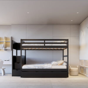 Black full over full bunk bed with built-in staircase storage and pull-out twin trundle
