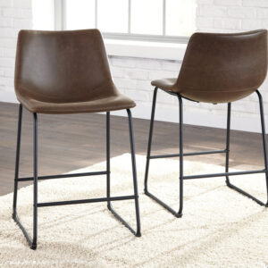 Brown upholstered counter height barstool with black metal frame