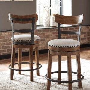 Rustic wood counter height swivel barstool with upholstered seat and metal footrest