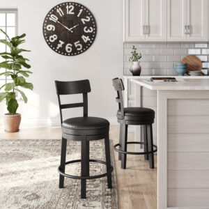 Black counter height swivel barstool with upholstered seat and nailhead trim