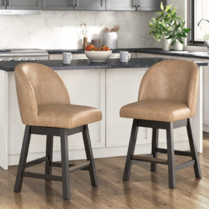 Tan upholstered counter height swivel barstool with wood base