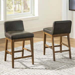 Upholstered counter height barstool with wood legs and dark seat