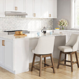 Light fabric upholstered counter height barstool with wood legs
