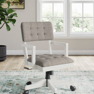 Modern upholstered office chair with tufted back, light wood frame, and swivel base