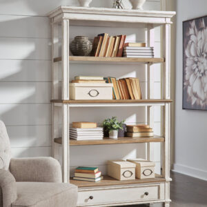 Farmhouse two-tone bookcase with wood shelves and white distressed frame