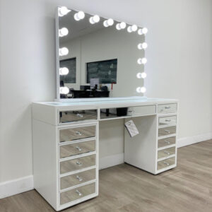 White Hollywood vanity desk with lighted mirror and multiple storage drawers