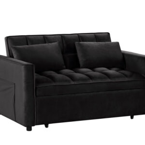 Modern black tufted sleeper sofa with velvet-style upholstery and accent pillows