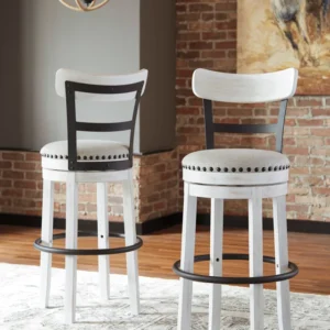 White farmhouse swivel bar height barstool with upholstered seat and nailhead trim